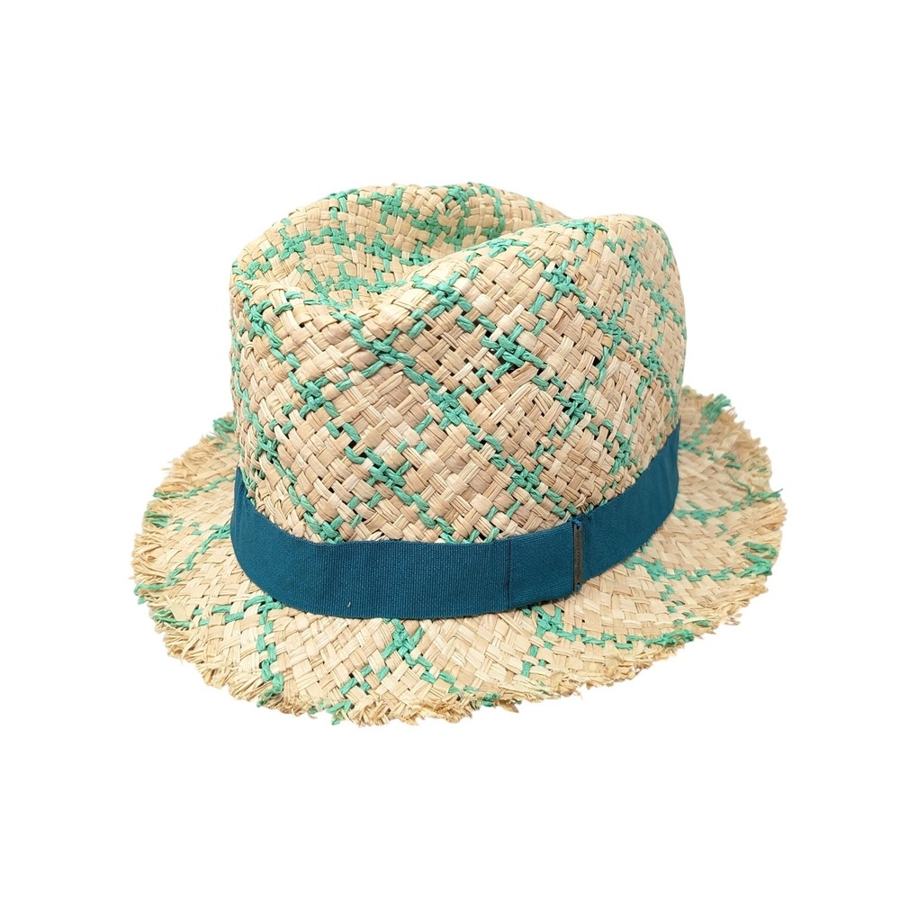 BCBGMAXAZRIA Woven Raffia Fedora Hat Teal Green Frayed Brim HB121532 Summer Boho